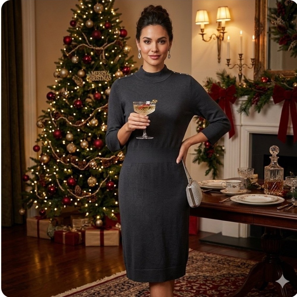 White House Black Market Black Knit Mock Neck Sweater Dress, Large, Minimalist